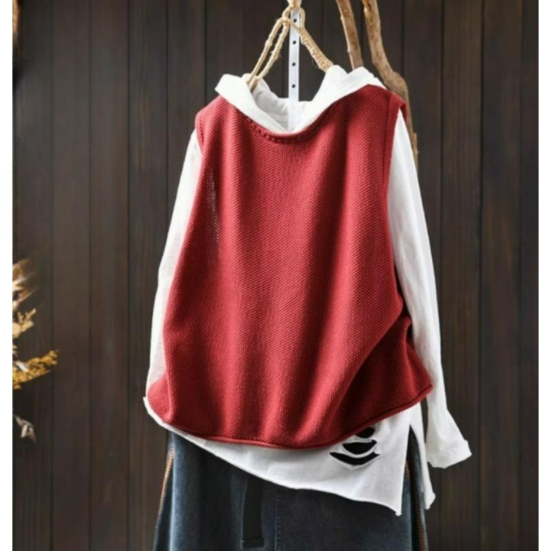 

Весна Ретро Повседневный Пуловер с Круглым Вырезом Вязаный Хлопковый Жилет Женский Свободный Большого Размера One size красный