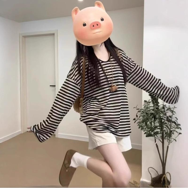 

Винтажная защита от солнца Свободная универсальная футболка с длинным рукавом Женская летняя повседневная приталенная полосатая средней длины 2XL