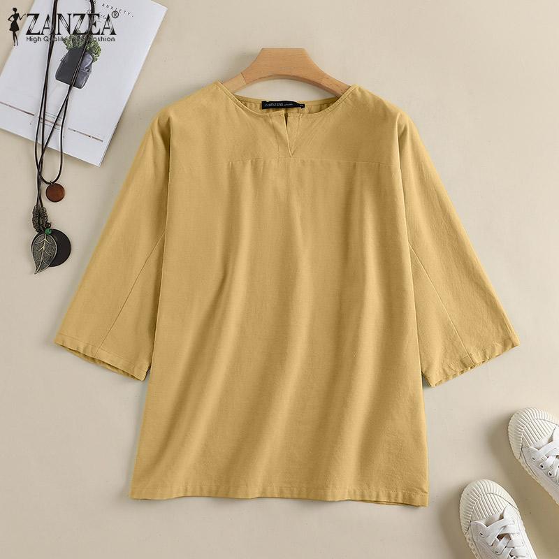 

ZANZEA Свободная повседневная O-образный вырез 3/4 рукава хлопчатобумажная футболка