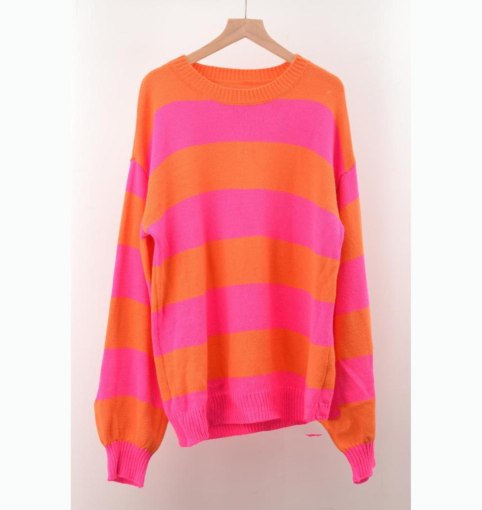Plus Size Women Striped Spliced Round Neck Pullover Sweater Loose Lazy Autumn Wear