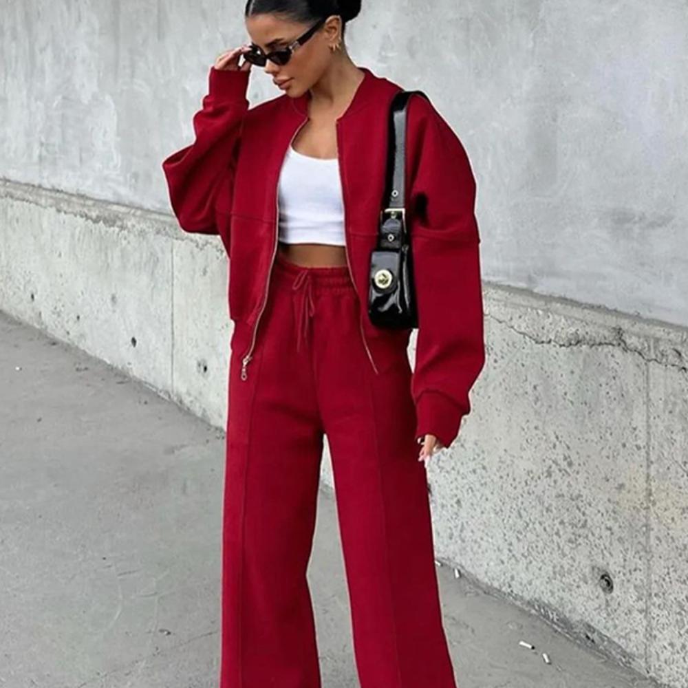 Ladies' Autumn and Winter Casual Solid Color Cardigan Sports Suit Fashionable Street Style Long Sleeved Jacket Long Pants Two-piece Set