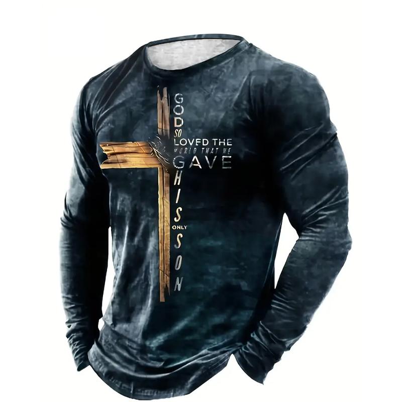 

Стильная мужская футболка с длинным рукавом и круглым вырезом с принтом креста и букв на весну и осень 4XL морская волна