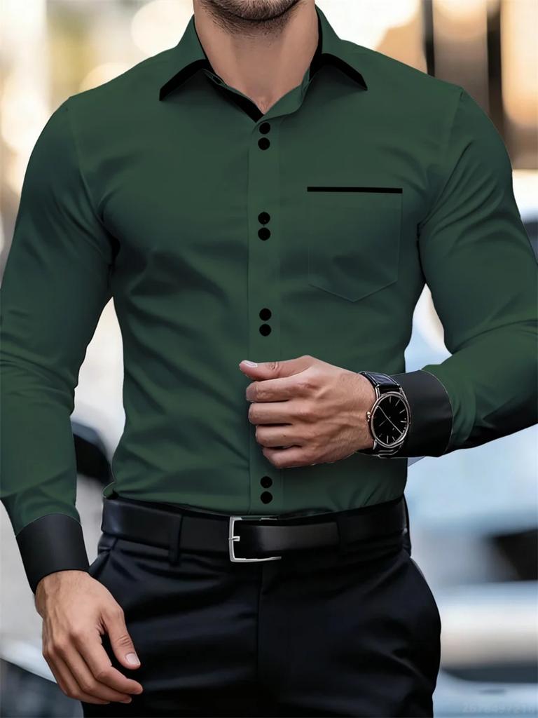 Men's Formal Long Sleeve Shirt, Slim Fit Contrast Detail, Perfect for Business Wear.