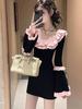 Chic Black Knit Dress with Lace Collar and Bell Sleeves - Women's 2025 Autumn/Winter Waist-Cinched Short Skirt