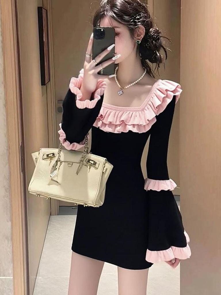 Chic Black Knit Dress with Lace Collar and Bell Sleeves - Women's 2025 Autumn/Winter Waist-Cinched Short Skirt