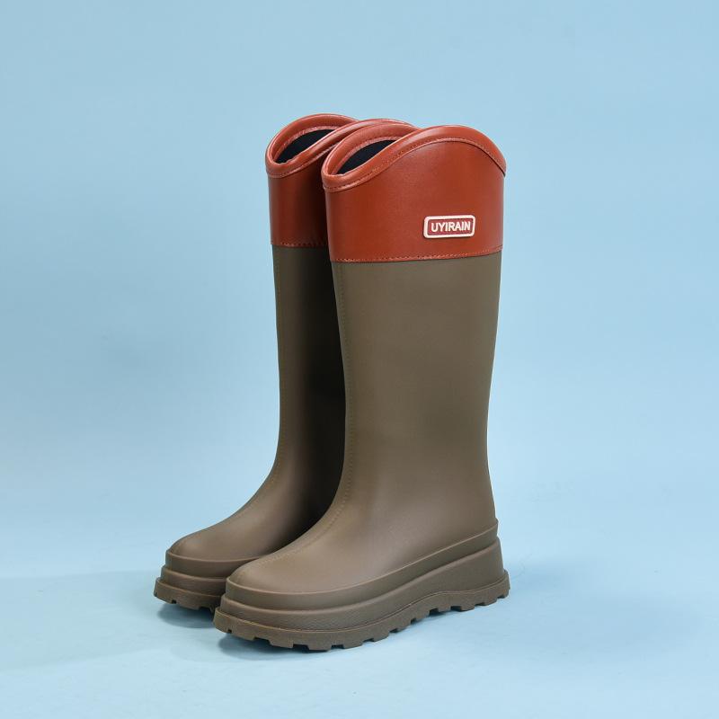 

Высокие резиновые сапоги женские с кожаной отделкой кожаные сапоги до колена женская водонепроницаемая обувь износостойкие универсальные резиновые сапоги галоши 41 оливковый