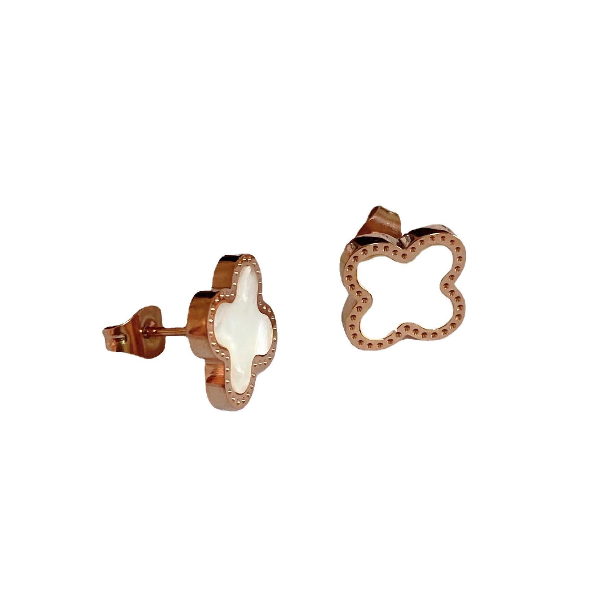 

Простые серьги-пусеты из 18-каратного золота в виде четырехлистного клевера, из ракушек, с титановой сталью, покрытые настоящим золотом, трансграничные самые продаваемые серьги 18K белый