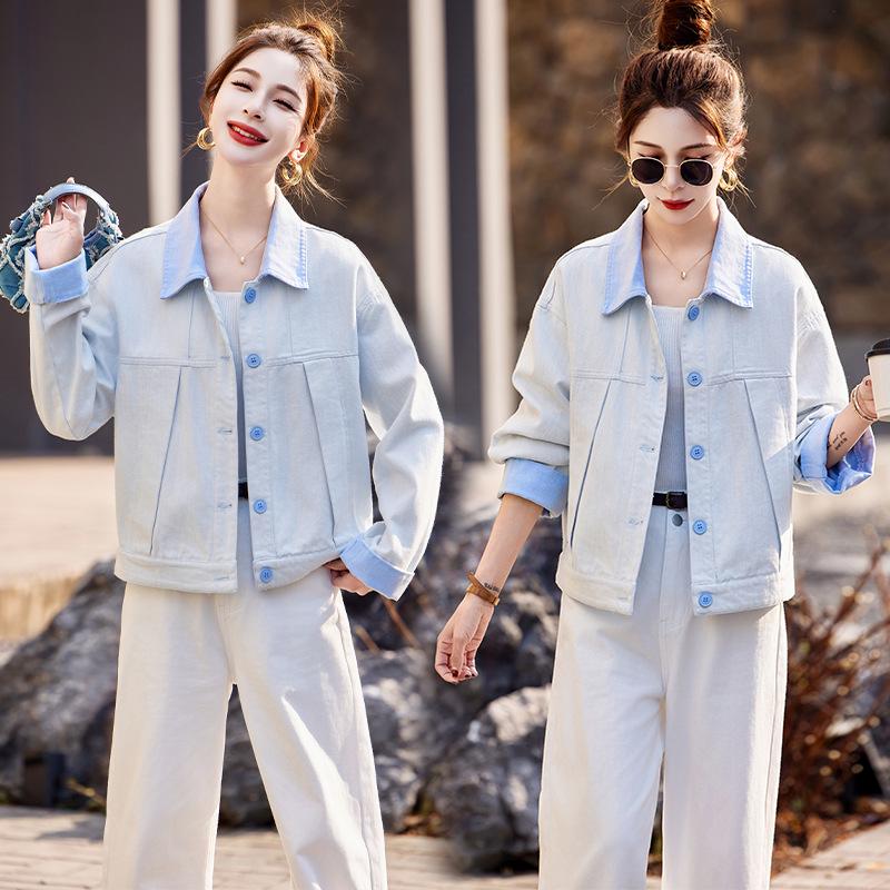 

2025 Весенняя женская корейская приталенная повседневная куртка из хлопка с эффектом стирки XXL (130-140 Jin) светло-синий