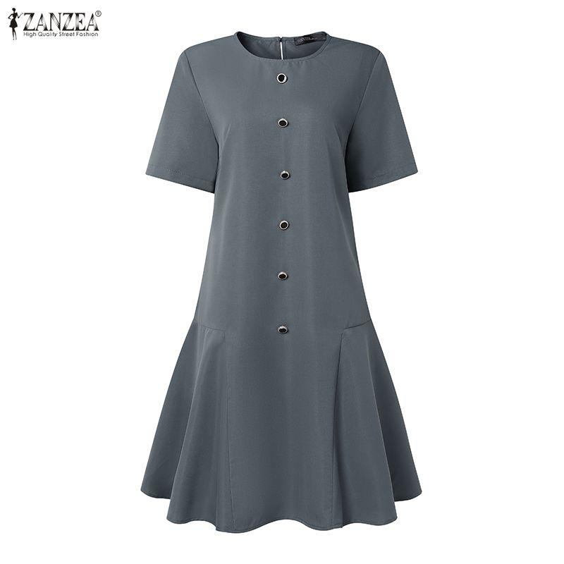 ZANZEA Vestido Casual de Verano para Mujer de Manga Corta y Color Sólido con Cuello Redondo