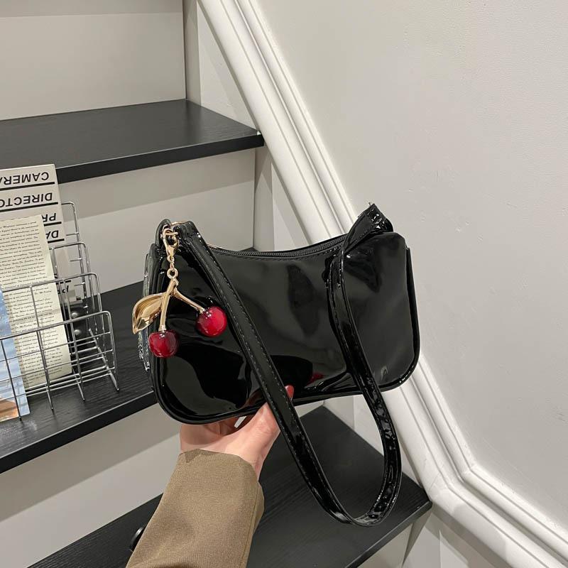 Women'S Pu Leather Handbag Versatile Fashion Solid Color Cherry Pendant Shoulder Bag Casual Commuting Bag Girl Underarm Bag