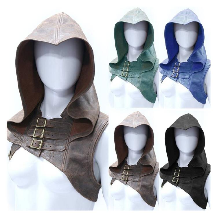 Unisex Faux Leather Medieval Cowl Hat Steampunk Gothic Hooded Cloak Cape with Adjustable Strap for Costume Enthusiasts