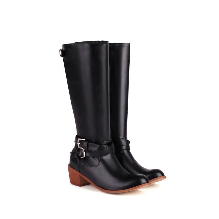 

New Fashion Belt Buckle Side Zipper Pointed Thick Heel Large Women s Boots