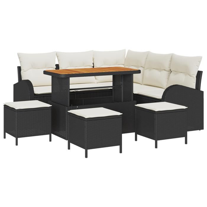 Ensemble de Sofa de Jardin 9 Pièces avec Coussins Noir Poly Rattan Acacia, Sofa de Jardin 2 Places avec Rangement &amp; Coussins 3364350