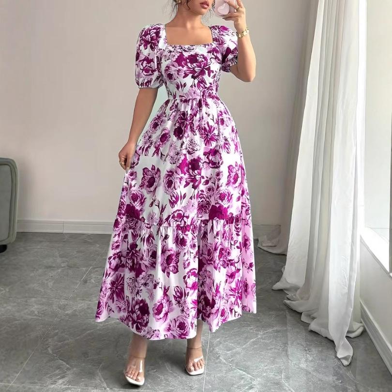 New printed puff-sleeved square collar lace-up waist elegant dress for women
