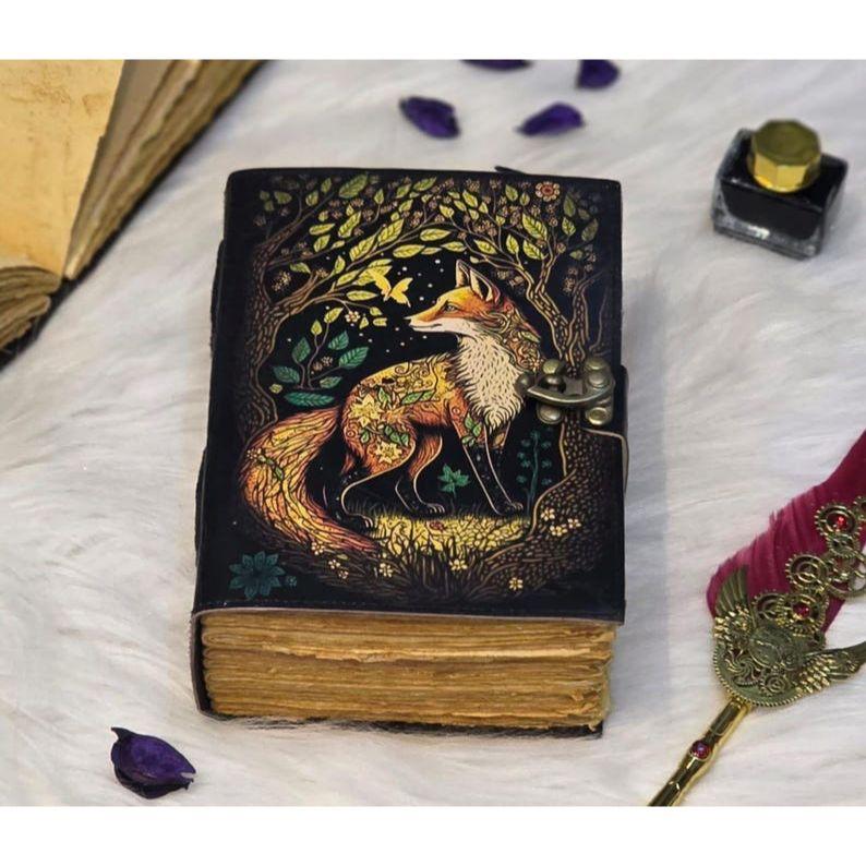 Fox Leather Journal | Handmade Vintage Diary with Lock | Woodland Notebook | Grimoire Journal | Book of Shadows