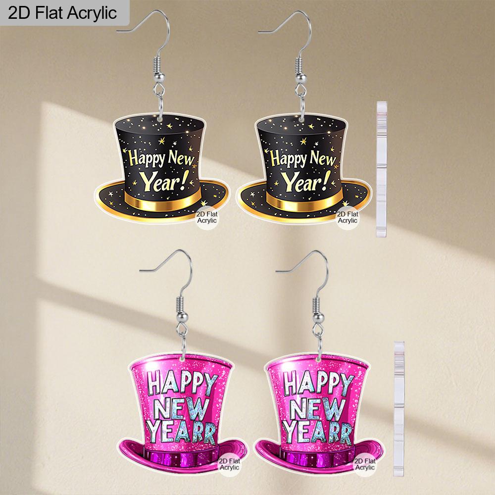 2D Flat Happy New Year Bowler Hat Dangle Earrings, Lightweight Acrylic Material, Ideal for Party Gifts, Jewelry, and New Year Gifts.