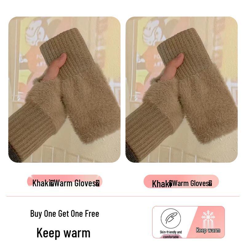 Women's Fleece-Lined Half-Finger Gloves: Cute, Thick Plush for Autumn & Winter; Ideal for Cycling & Cold Protection