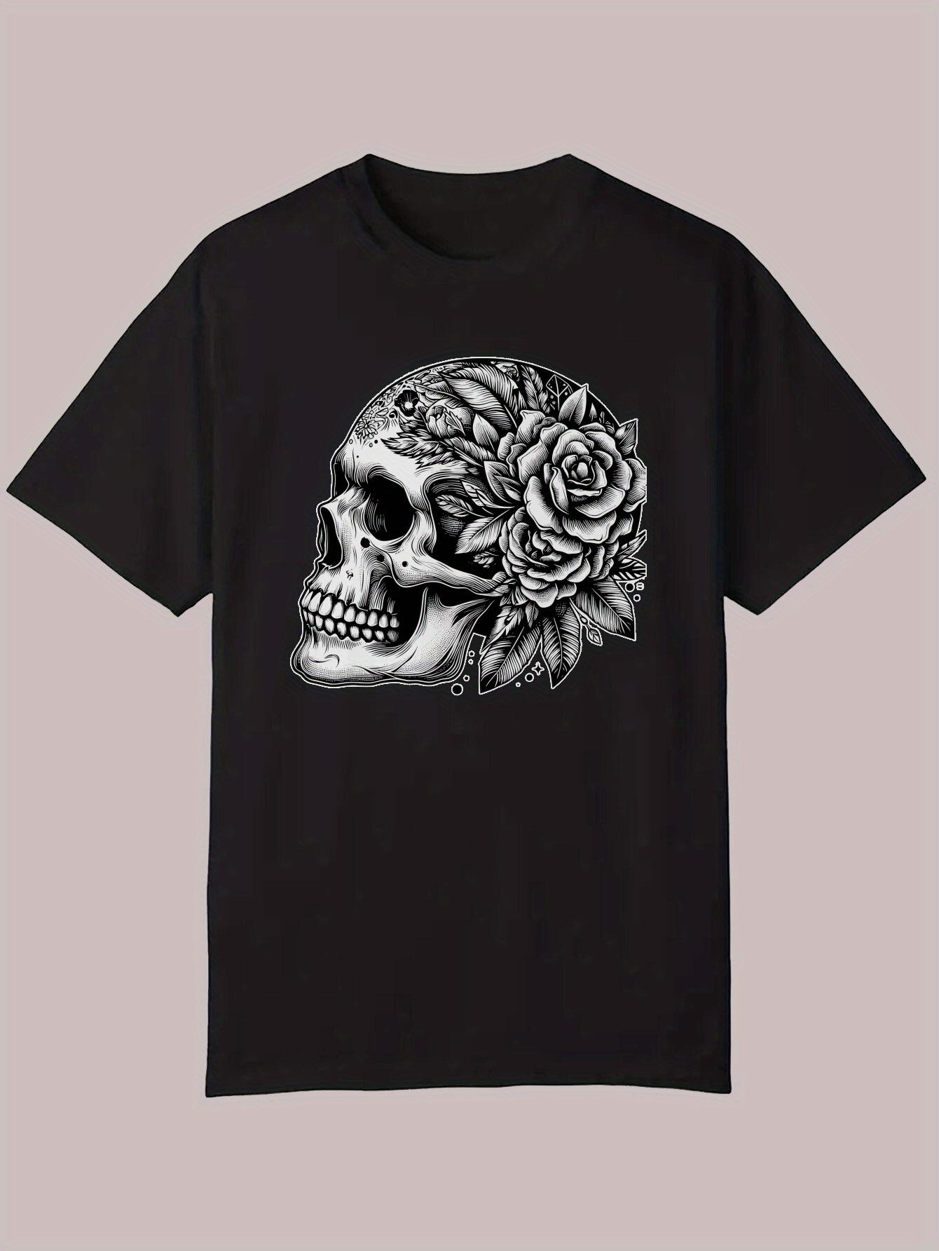 Skull & Rose Graphic T-shirt - Black Casual Polyester Tee with Intricate Floral Design XXXXL