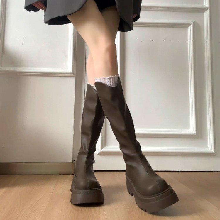 

2025 Весна и Осень Новые Популярные Рыцарские Сапоги Универсальные На Толстой Подошве Повседневные Длинные Сапоги Облегающие Универсальные Высокие Сапоги Женские 39 хаки