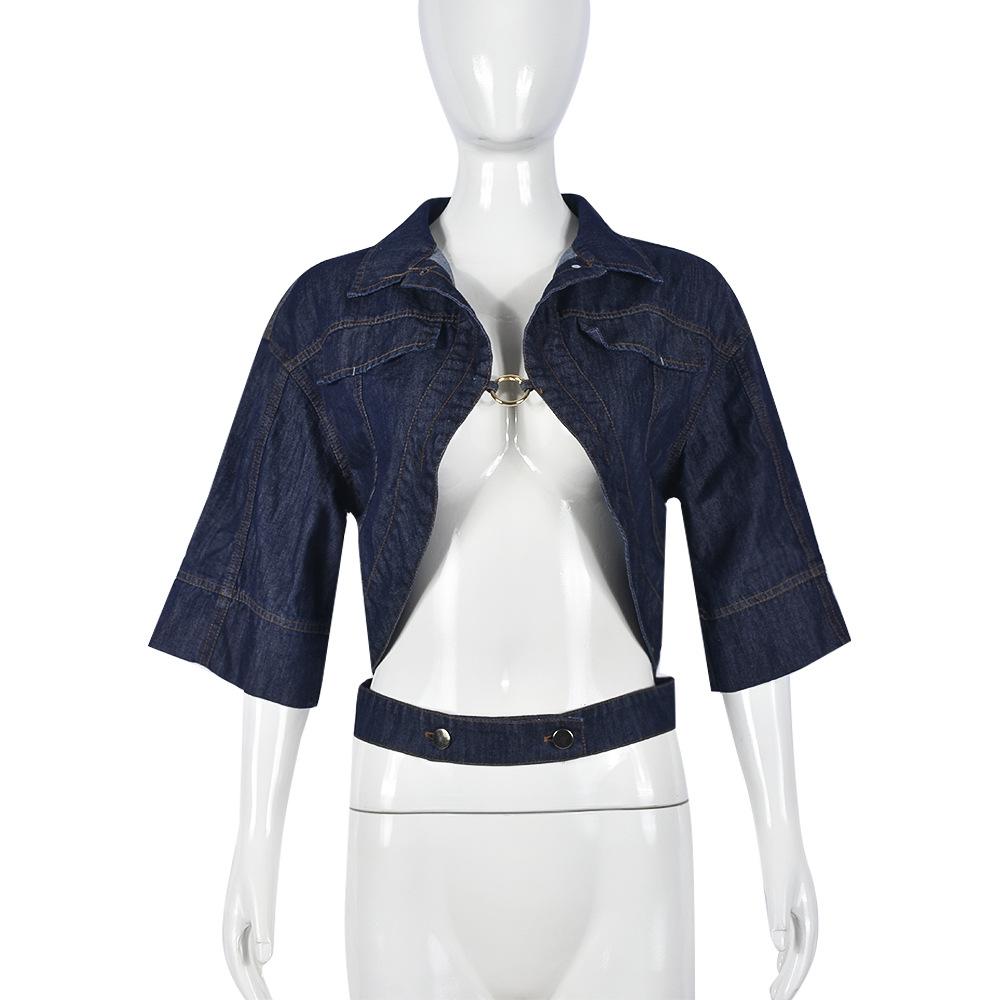 European and American style new fashion lapel breast wrap sexy denim jacket personalized top women S синий
