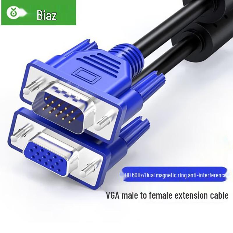 Biaz HD VGA Cable with Dual Magnetic Rings - Blue, for Computer, TV, Projector Display (3+6 Wire Core)