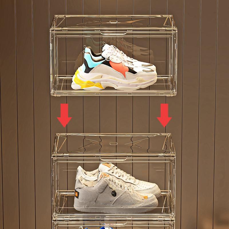Transparent acrylic shoe box with lid, magnetic suction side opening door, shoe storage box