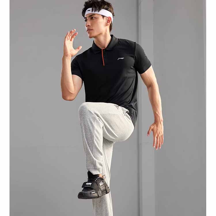 Li-Ning Solid Color Logo Embroidered Stand Collar Short Sleeve Polo Shirt Men Polo Shirts Black YPLT023-1
