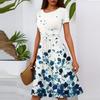 Women's Casual Fashion Round Neck Pleated Short Sleeve Floral Print A-Line Midi Dress