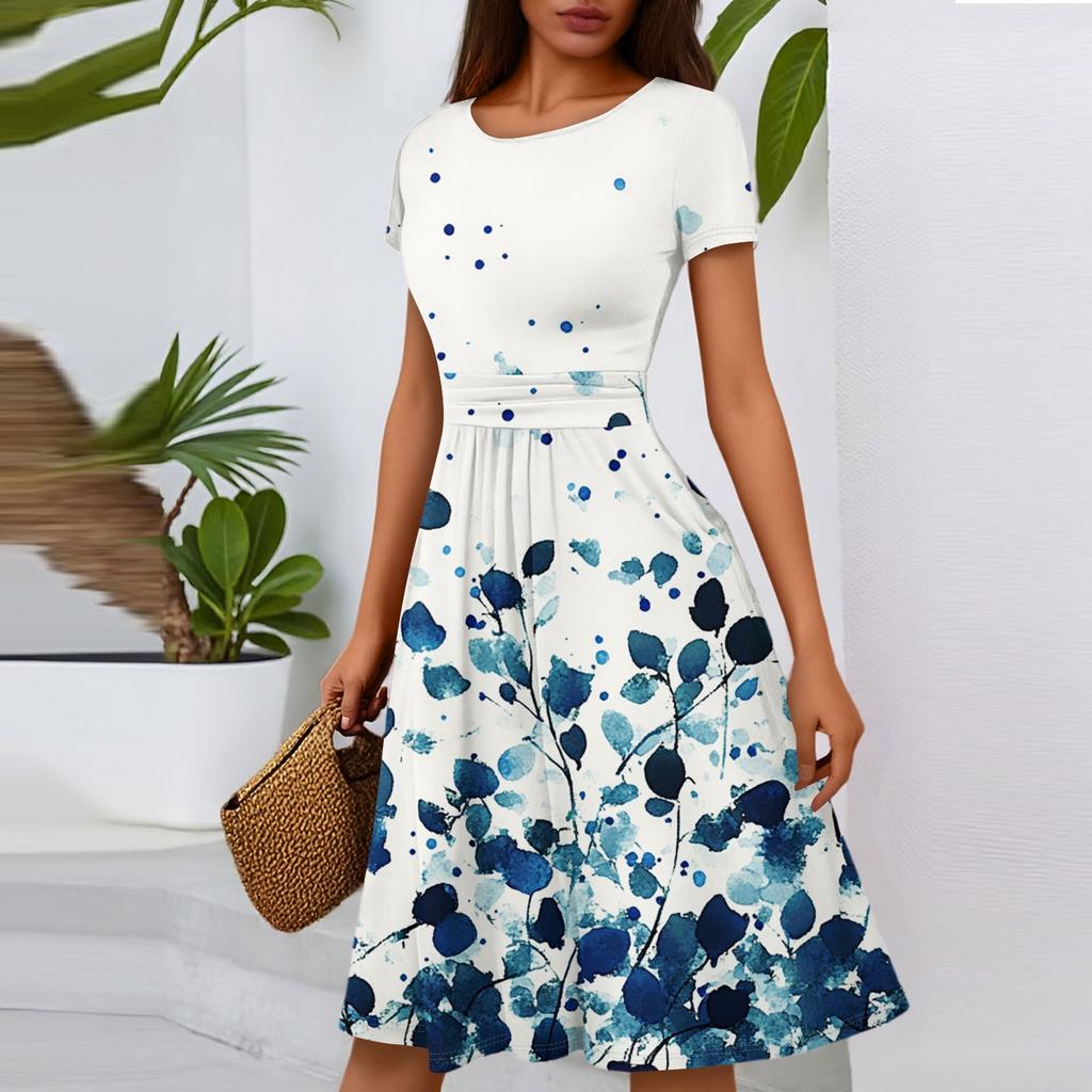 Women's Casual Fashion Round Neck Pleated Short Sleeve Floral Print A-Line Midi Dress