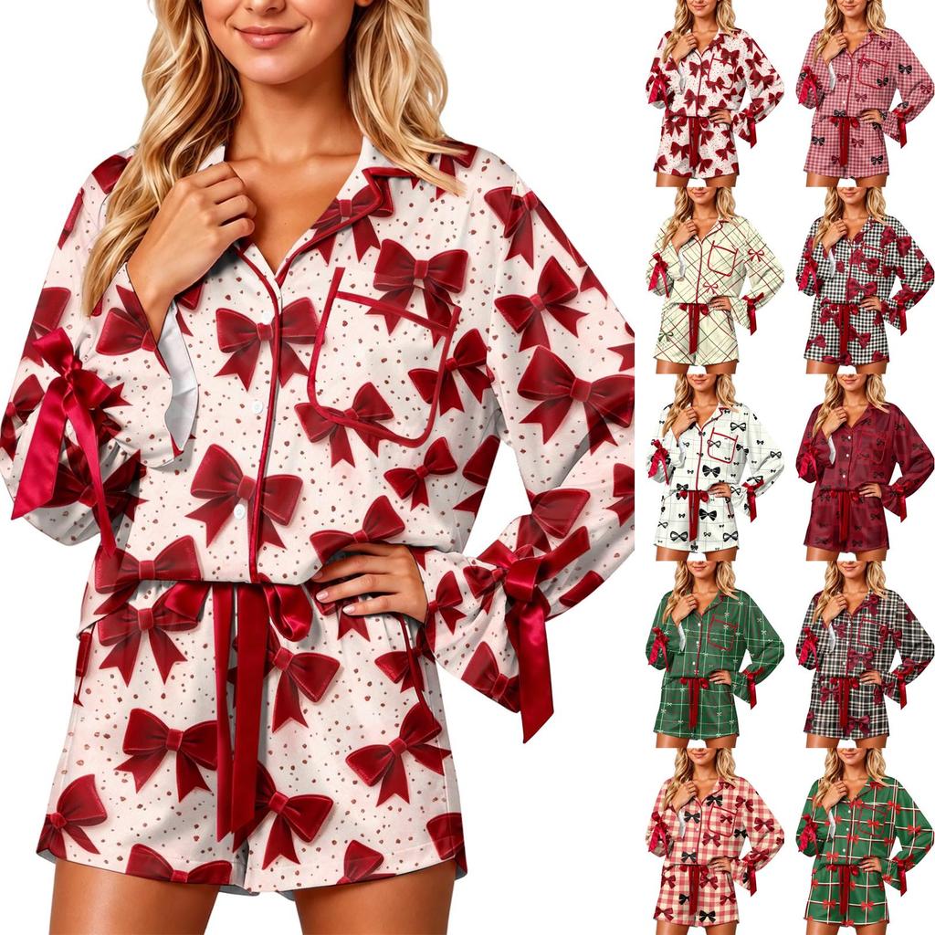 Women's Long Sleeve Print Pajama Set with Shorts and Chest Pocket