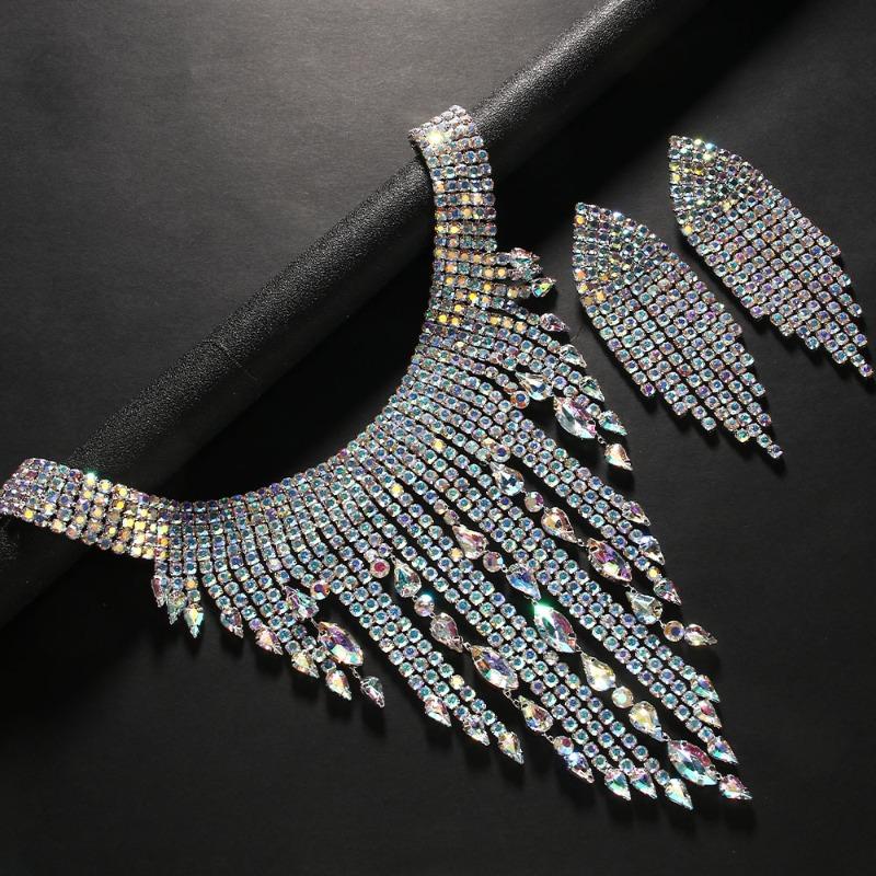 Rhinestone Necklace Set Female, European and American Sexy Exaggerated Necklace Tassel Earrings Jewelry Set