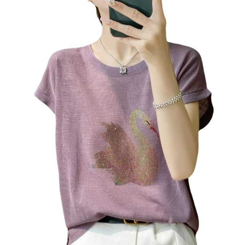 Cool Bamboo Short-sleeved Women's T-shirt Little Swan Hot Diamond Ice Silk Round Neck Bottoming Ladies Top
