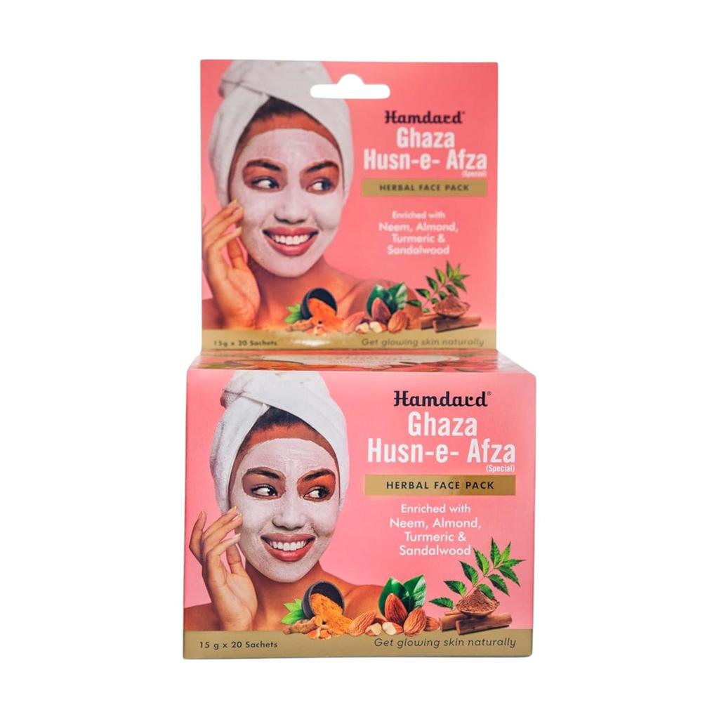 Hamdard Herbal Face Pack Powder Ghaza Husn-e-Afza 300 Gm (15 G X 20 Sachets) for Glowing Healthy Skin Pack Of 1