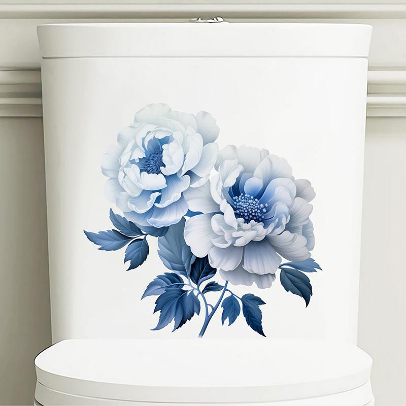 Selbstklebende Wasserdichte Blaue Blumen Toilettenaufkleber Minimalistisch für Badezimmer Toilettensitz Dekor
