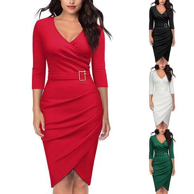 Women V-Neck Dress 3/4 Sleeves Pencil Midi Dress Solid Color Party Club Dress Elegant Office Business Dress