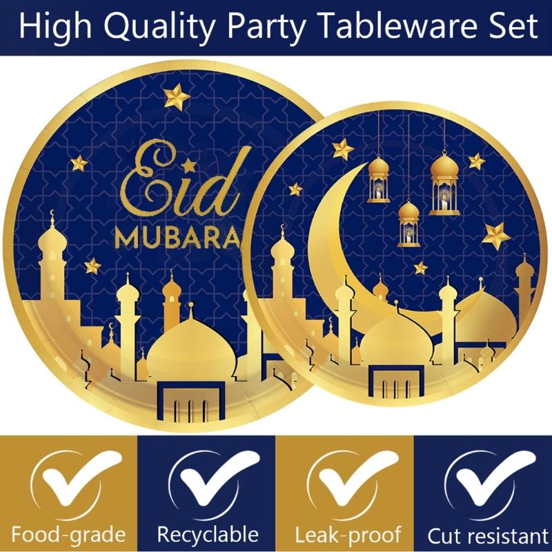 Elegant Disposable Dinnerware Set for 8 Guests Plates Cups and Napkins for Muslims Eid Festival Festive Celebration