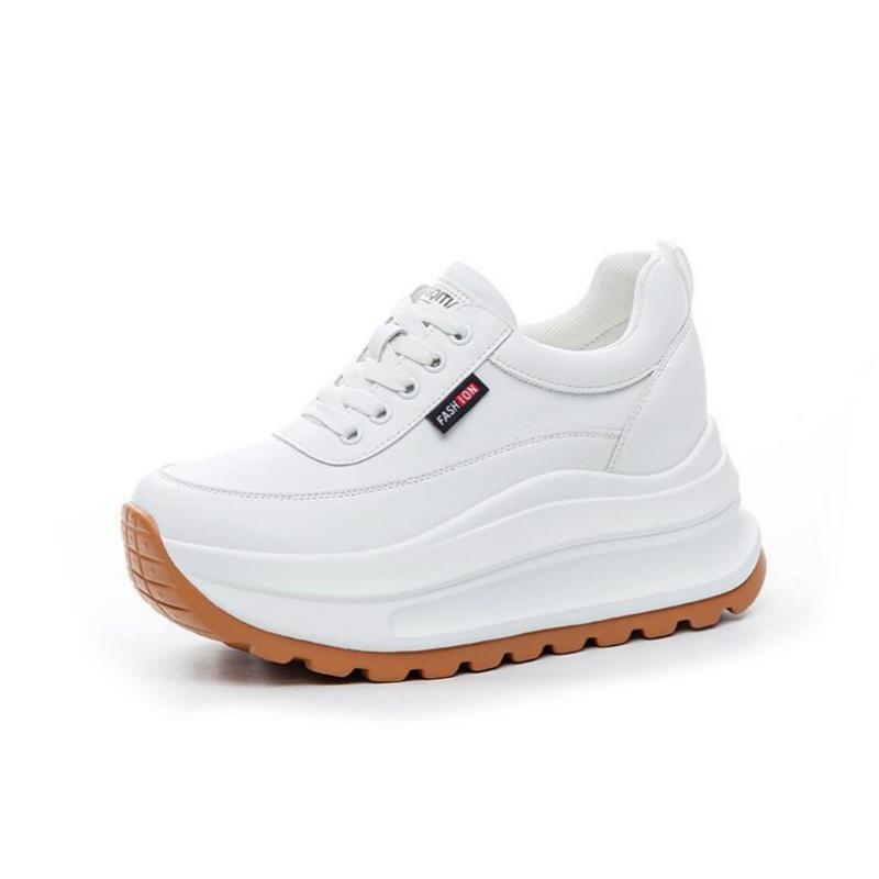 Dames Echt Leer Plateau Schoenen 7cm Hoogte Verhogend Wit Casual Platte Schoenen Mode Dikke Zool Sneakers 35