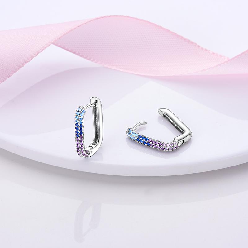 Sparkling Blue Zircon Hoop Earrings Pave U Shape Star Devil Eyes Circle S925 Drop Earring Fit Original Party Jewelry