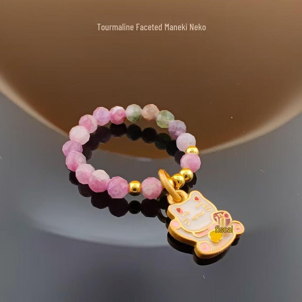Natural Crystal Tourmaline Cat Paw Lucky Ring with Elastic Beaded Band