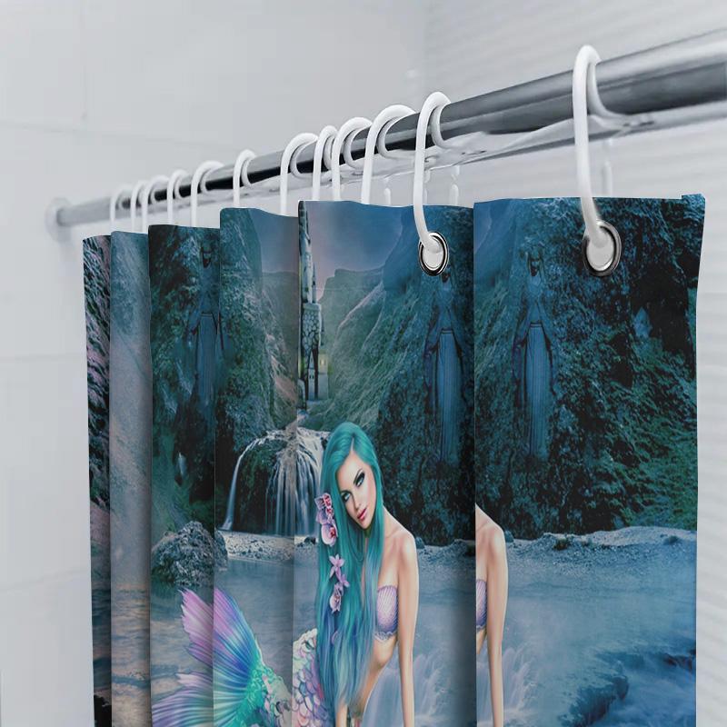 Mermaid Shower Curtain Fairy Tale Castle Fantasy Design Waterproof Fabric Custom Printed For Bathroom Decor Dark Blue Pink Green