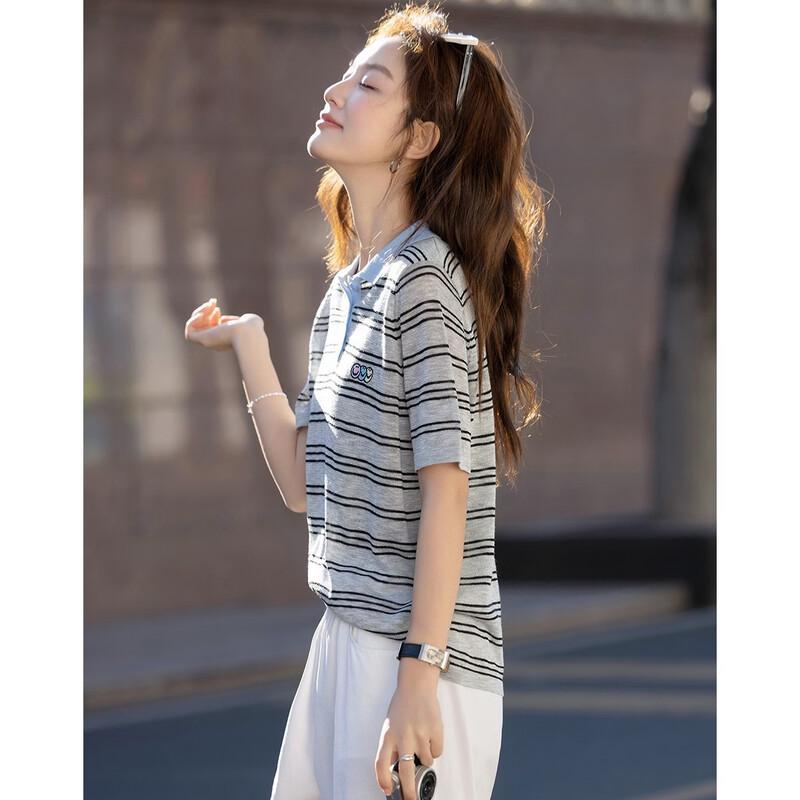 Women's Retro Striped Polo Knit Top