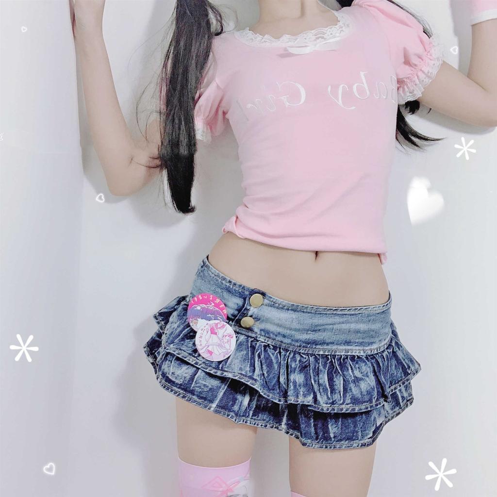 Pleated Ruffles Super Mini Low Waist Denim Skirt Women Skirts