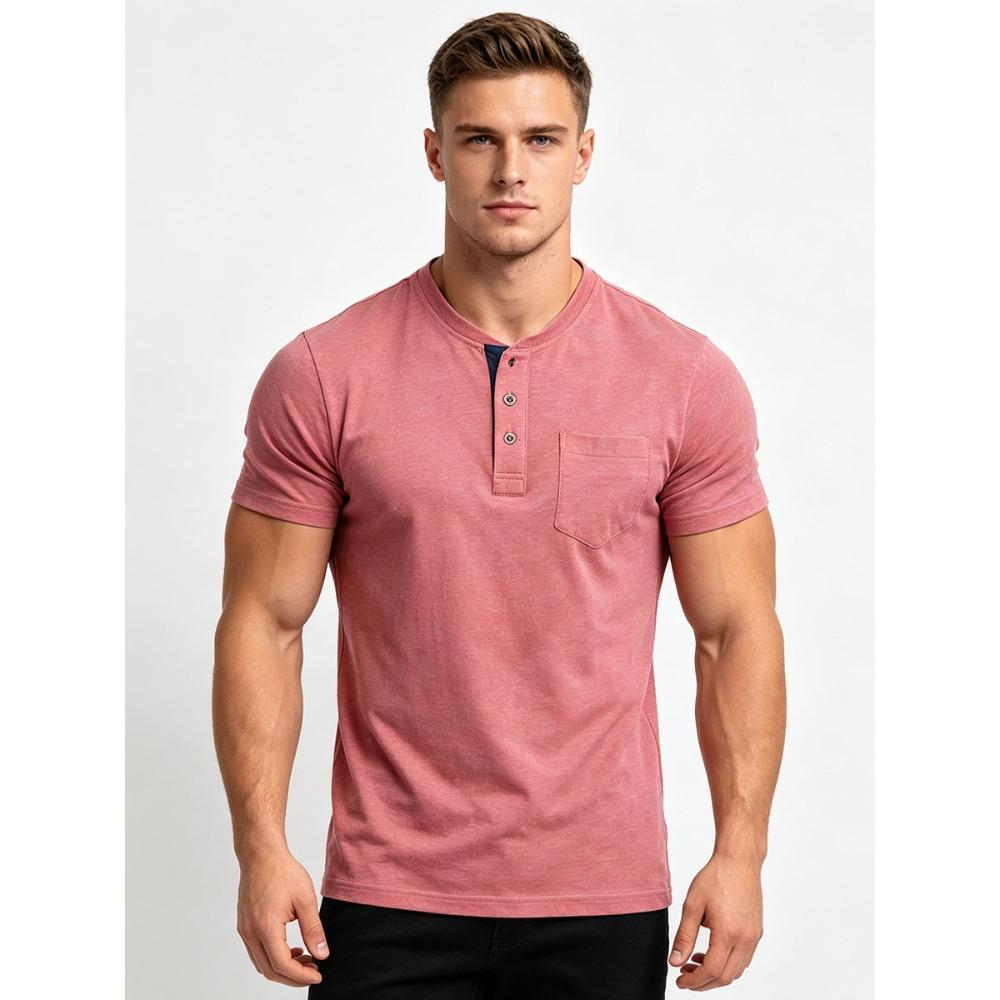 Men's 95% Cotton Henley Shirt Short Sleeve - Casual Button Neck T-Shirt with Pocket - Soft Breathable Summer Top