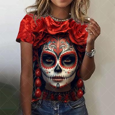Women's T-shirt Summer Short Sleeve Fashion Casual Horror Undead Skull Pattern Oversized T-shirts