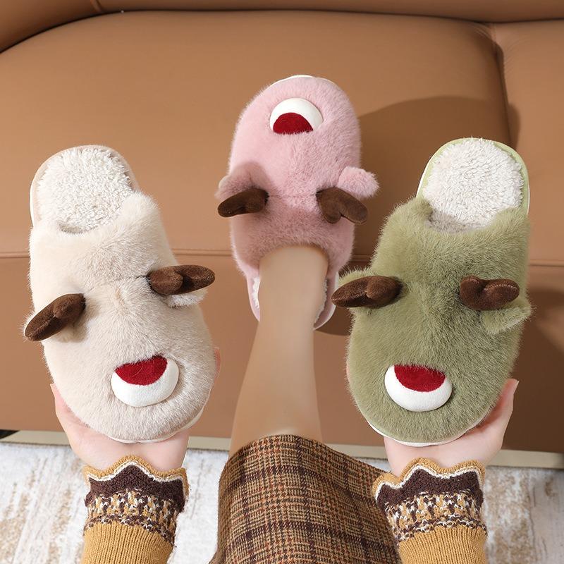 Children's Cotton Slippers Female Christmas Elk Autumn and Winter Fluffy Slippers Indoor Home Non-slip Warm Cotton Mop Parent-child Model
