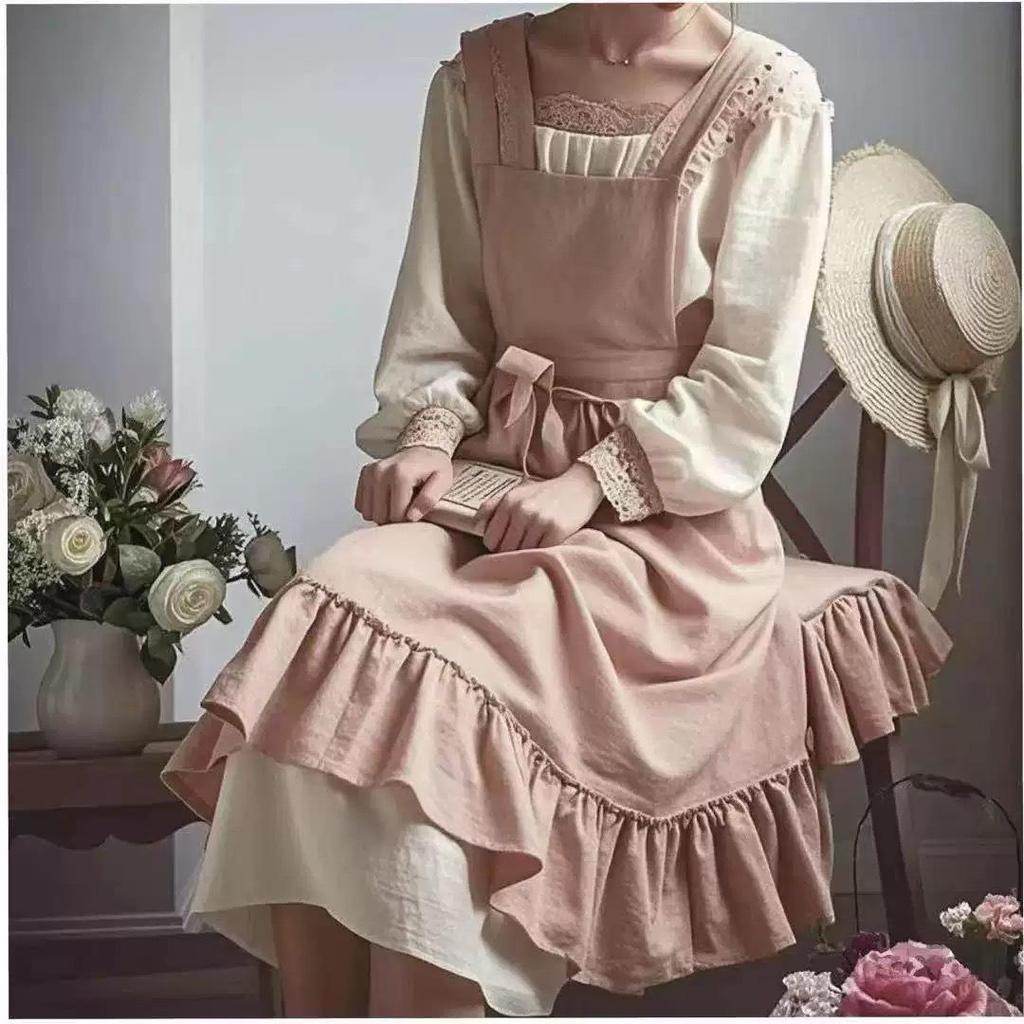 Nordic Solid Color French Pastoral Style Oil-Proof Apron for Kitchen Cooking