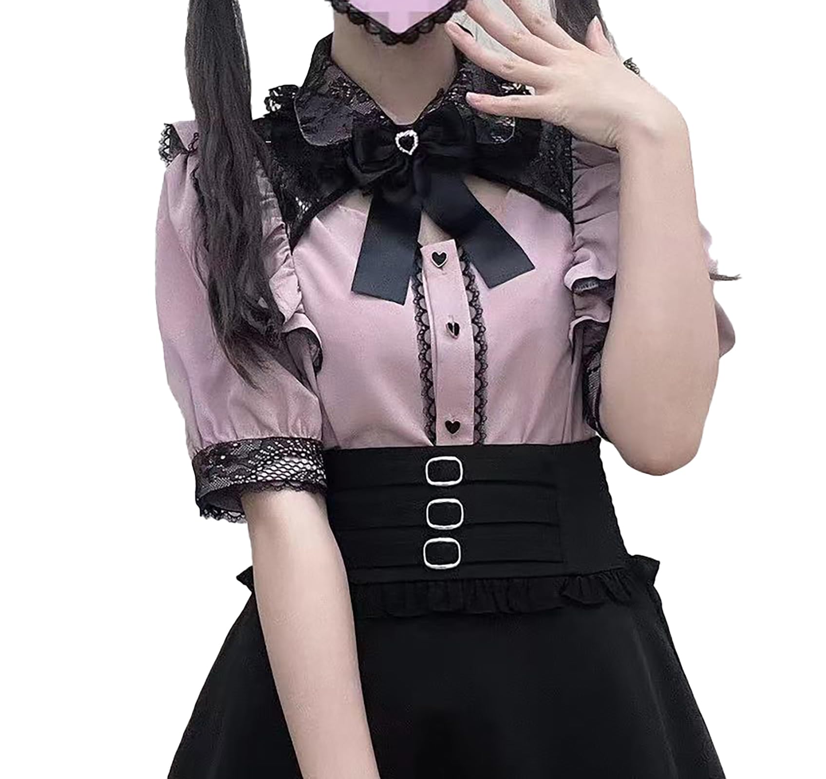 

блузка для короткий открытый болезненный съемный цвет французский S [XHSUKADO] Женщины в стиле «мина», рукава, грудь, милый, лента, кружево, оборки, массовое производство розовый