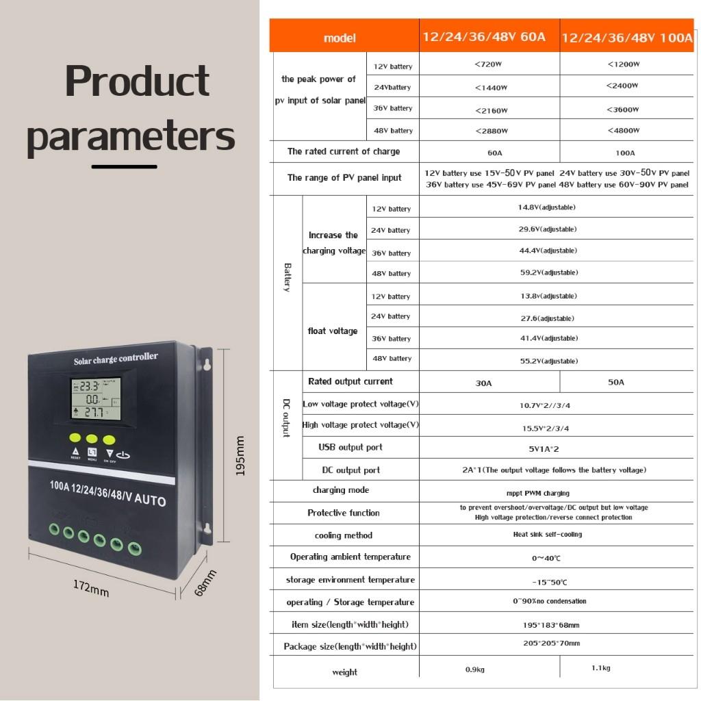 30A/ 60A/100A 12V 24V 36V 48V Battery Charger with LCD MPPT AUTO Solar controller
