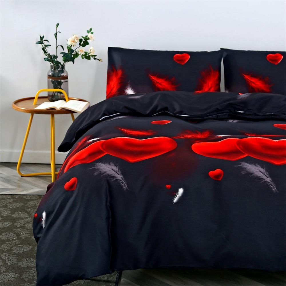 3pcs Black Bedding Set Red Heart Love 3D Print Cozy Duvet Cover King Queen Twin Size Birthday Gift for Adult Bedroom Decoration