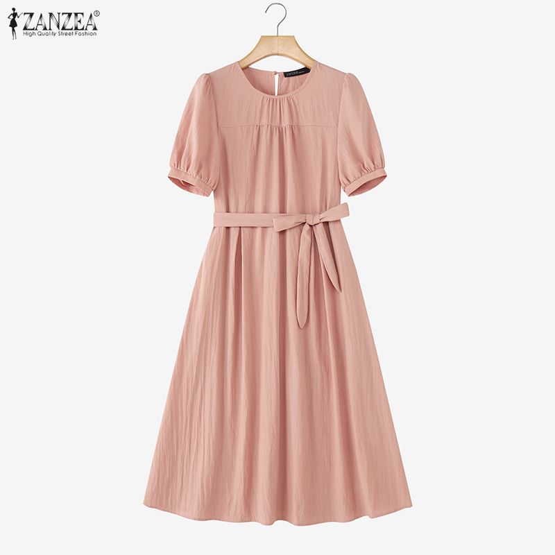 ZANZEA Women Casual Round Neck Summer Short Sleeve Dress